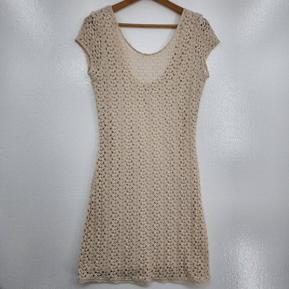 Free People Ivory Crochet Gypsy Boho Scoop Midi Sheath Dress Size Large - Picture 3 of 13